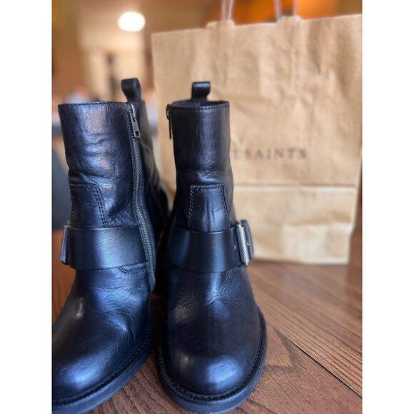 Allsaints Black Moto Shearling Fur Lined Boots Block Heels Chunky size 36 (US6) - Picture 4 of 11